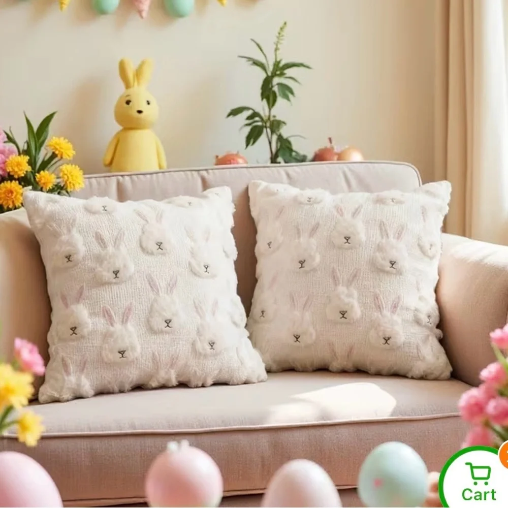 Set of 2 Easter Bunny Pillow Covers 18x18 | Spring Plush Rabbit Decor